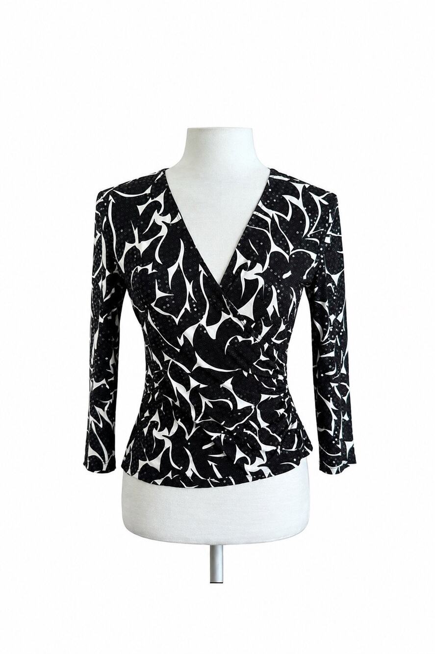 Vintage JBS Black White Abstract Sequin Faux Wrap Ruched Top Size Small